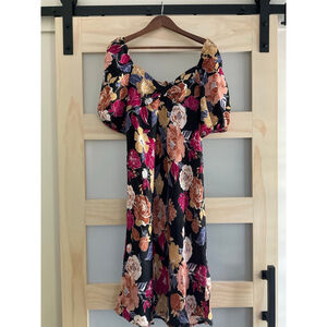 Band of the Free Floral Puff Sleeve Midi Dress Black Multi Size Small NWT Boho
